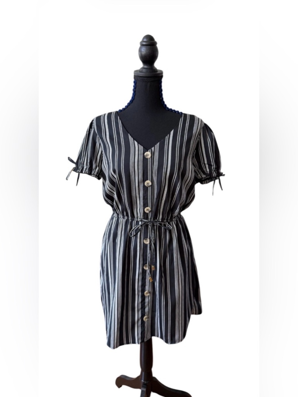 indulge Black & White Vertical Stripe Button-Front Mini Dress